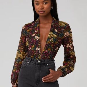 Amanda Uprichard Brown and Yellow Fitted Long Sleeve Blouse